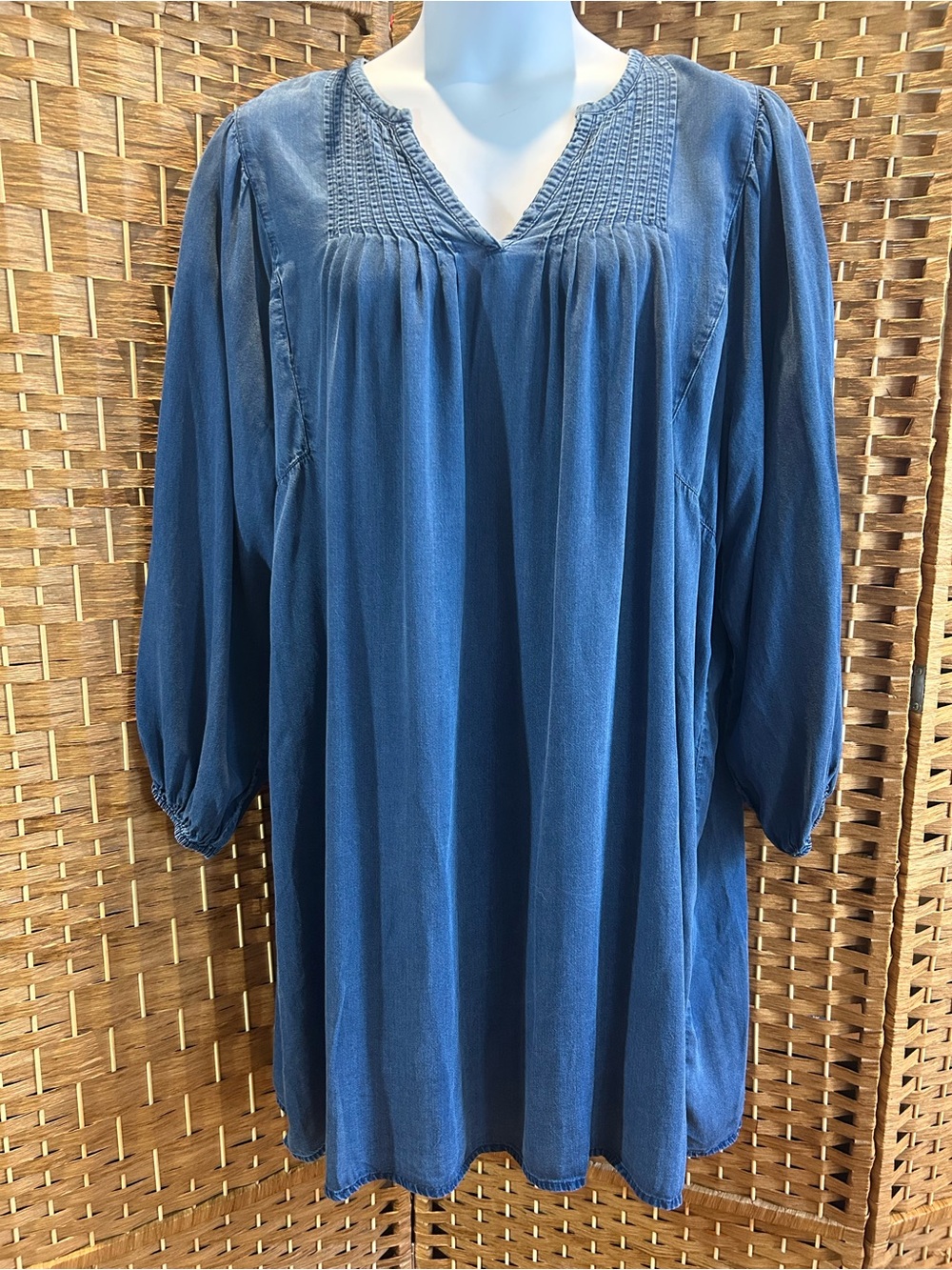 Chambray Blue Pintuck Swing Dress XXL Long Sleeve Cottagecore